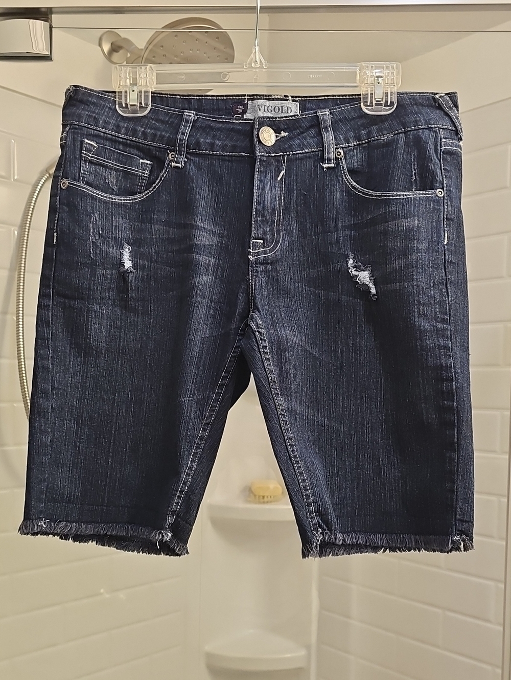 Vigold Dark Wash Distressed Denim Bermuda Shorts. Excellent Pre-Loved Condition.